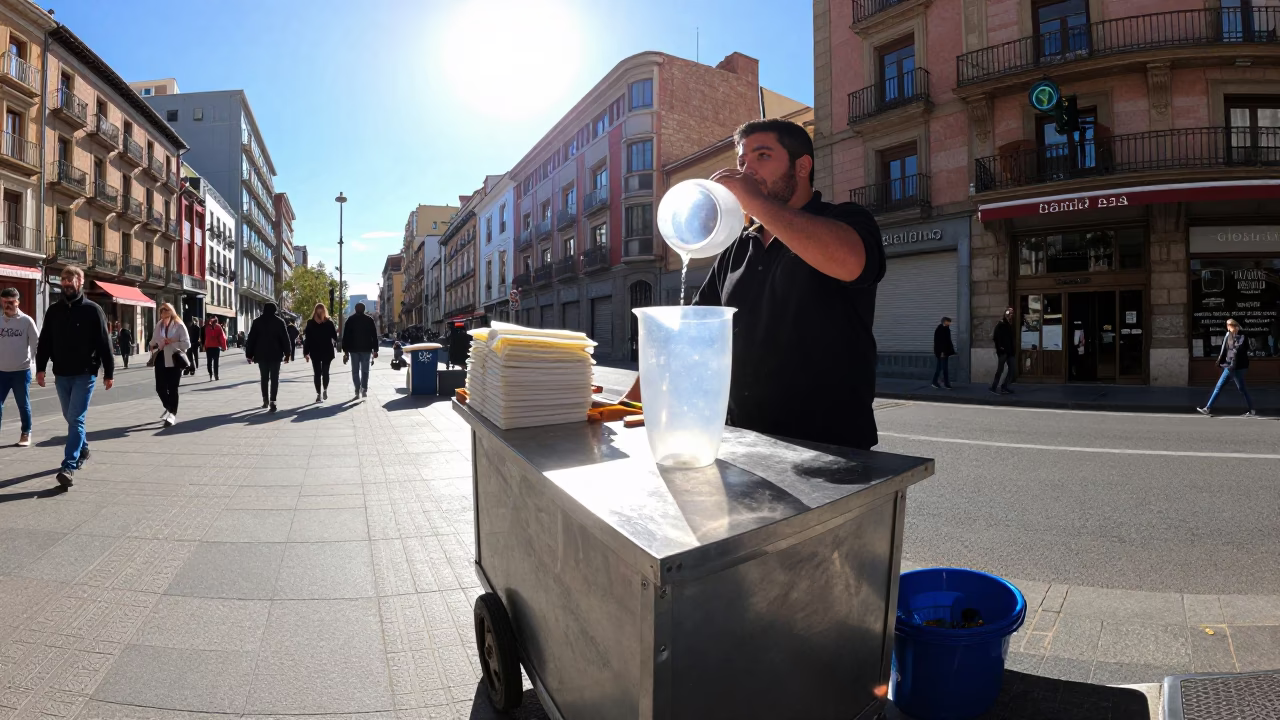 Bilbao Spain Midmorning Street Scene with Drinking Vessel and Local Architecture in in Bilbao, Spain