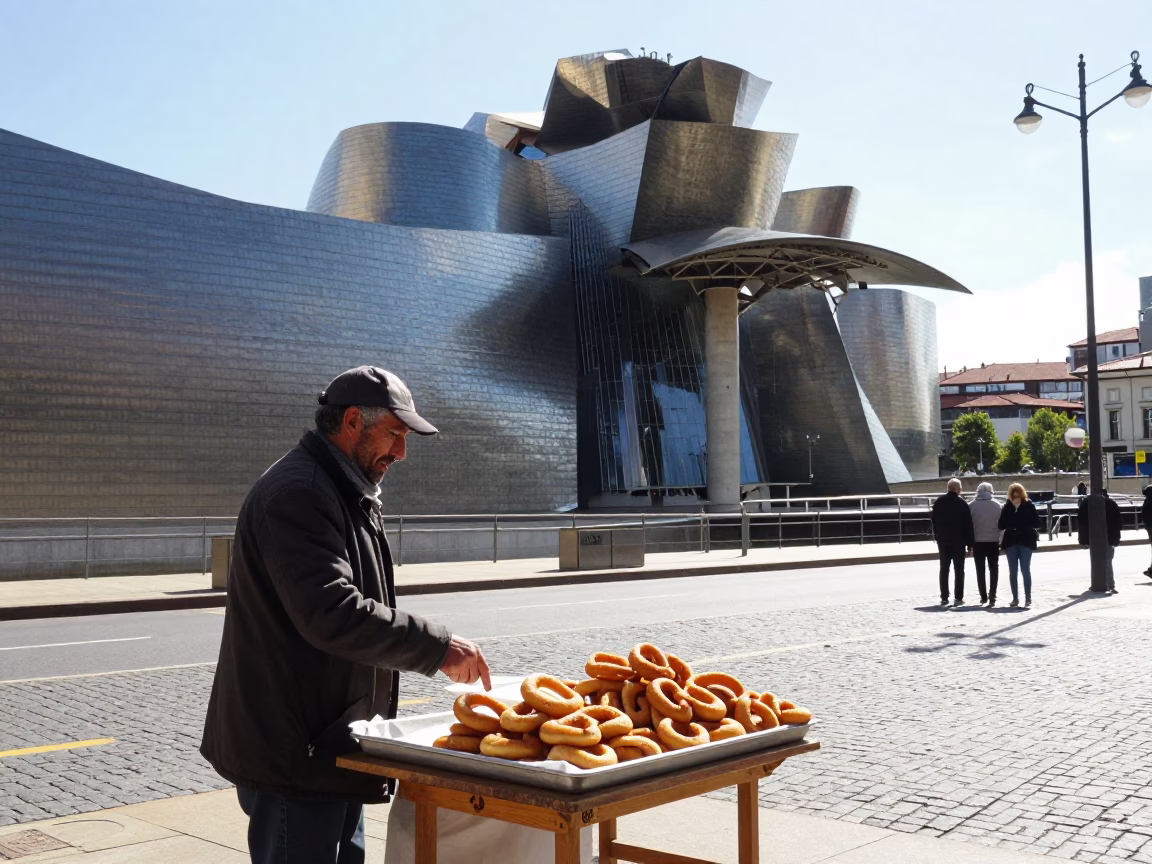 Bilbao Spain Midmorning Street Scene with Traditional Elements in in Bilbao, Spain