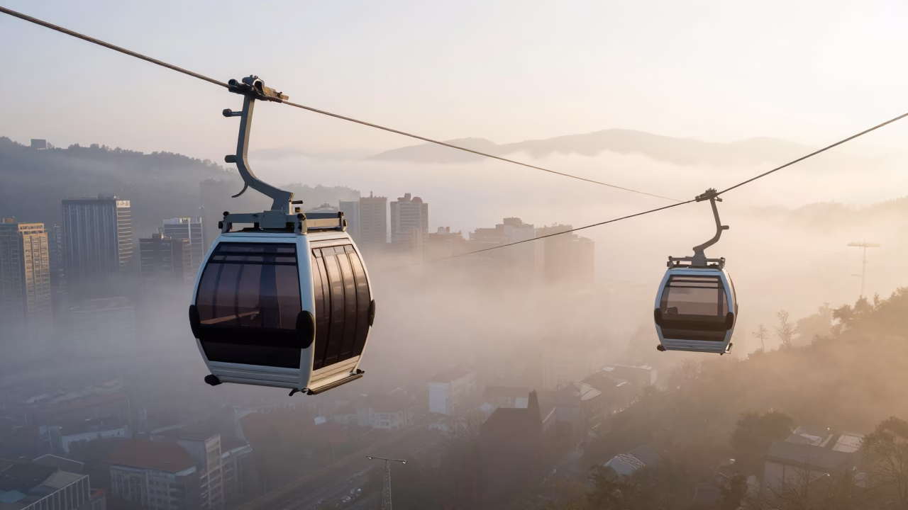 Bilbao Spain Morning Fog Aerial Tramway Gondola Crossing Cityscape Just After Sunrise in in Bilbao, Spain