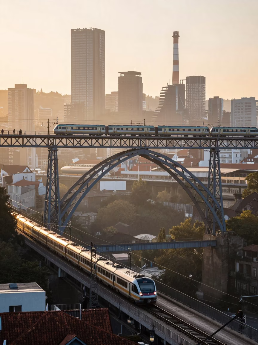 Bilbao Spain Morning Light Railway Viaduct with Passing Train and Local Street Scene in in Bilbao, Spain