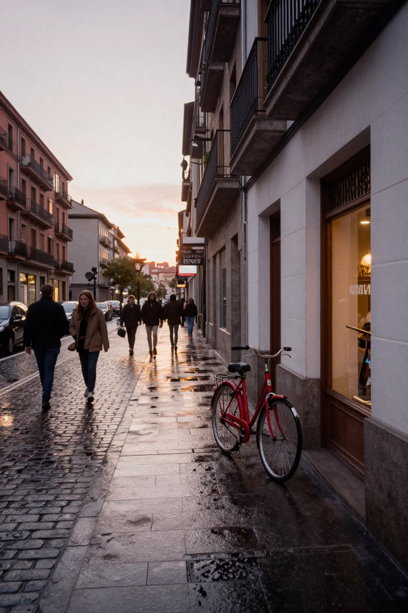 Bilbao Spain Nautical Dawn Busy Street Scene with Bicycle and Bakery in in Bilbao, Spain