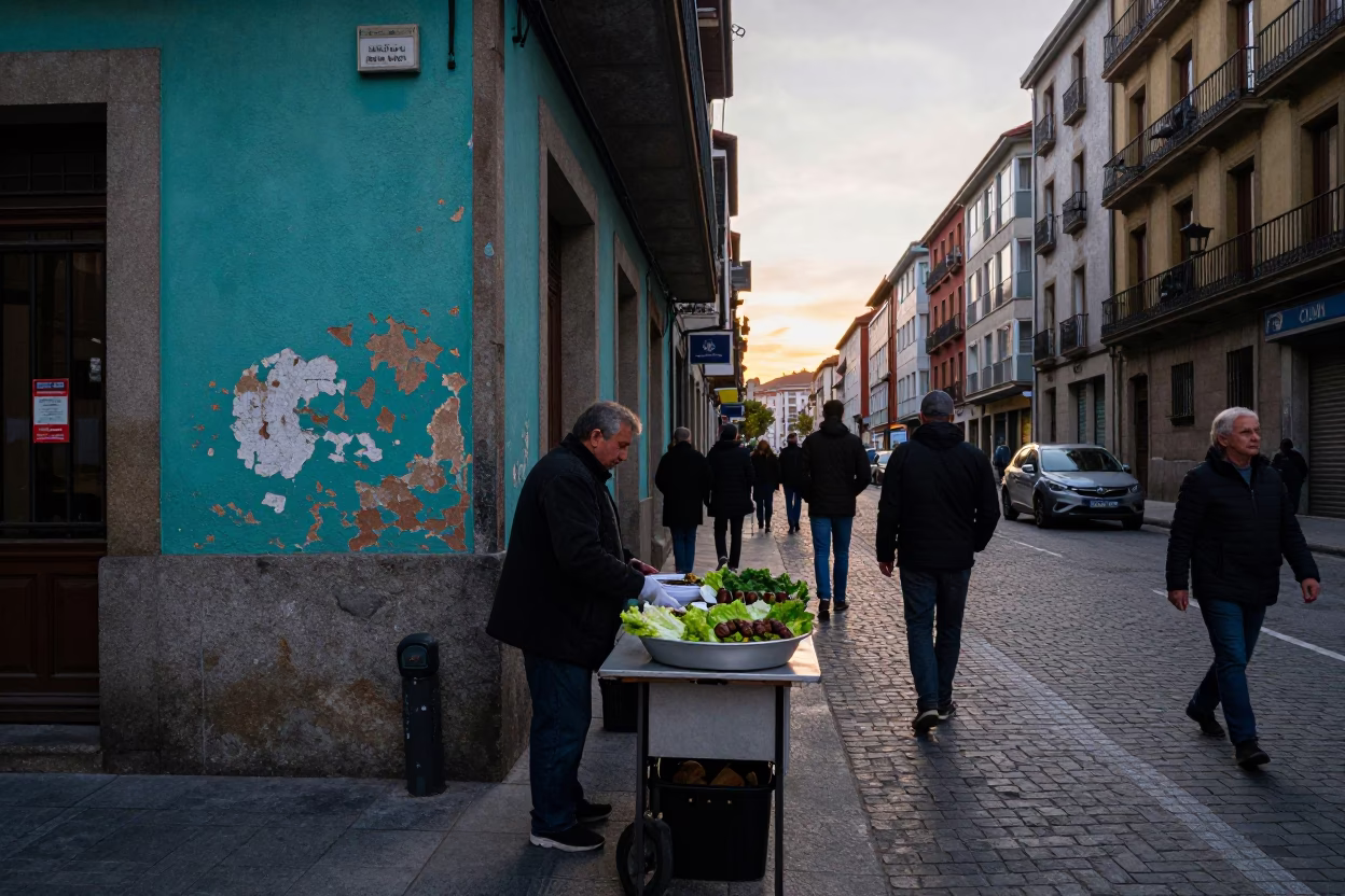Bilbao Spain Nautical Dawn Busy Street Scene with Peeling Turquoise Paint and Local Life in in Bilbao, Spain