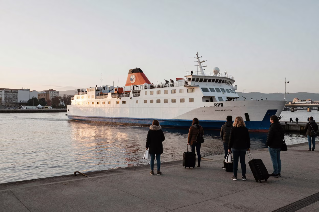 Bilbao Spain Nautical Dawn Ferry Departure with Travelers and Suitcases in in Bilbao, Spain