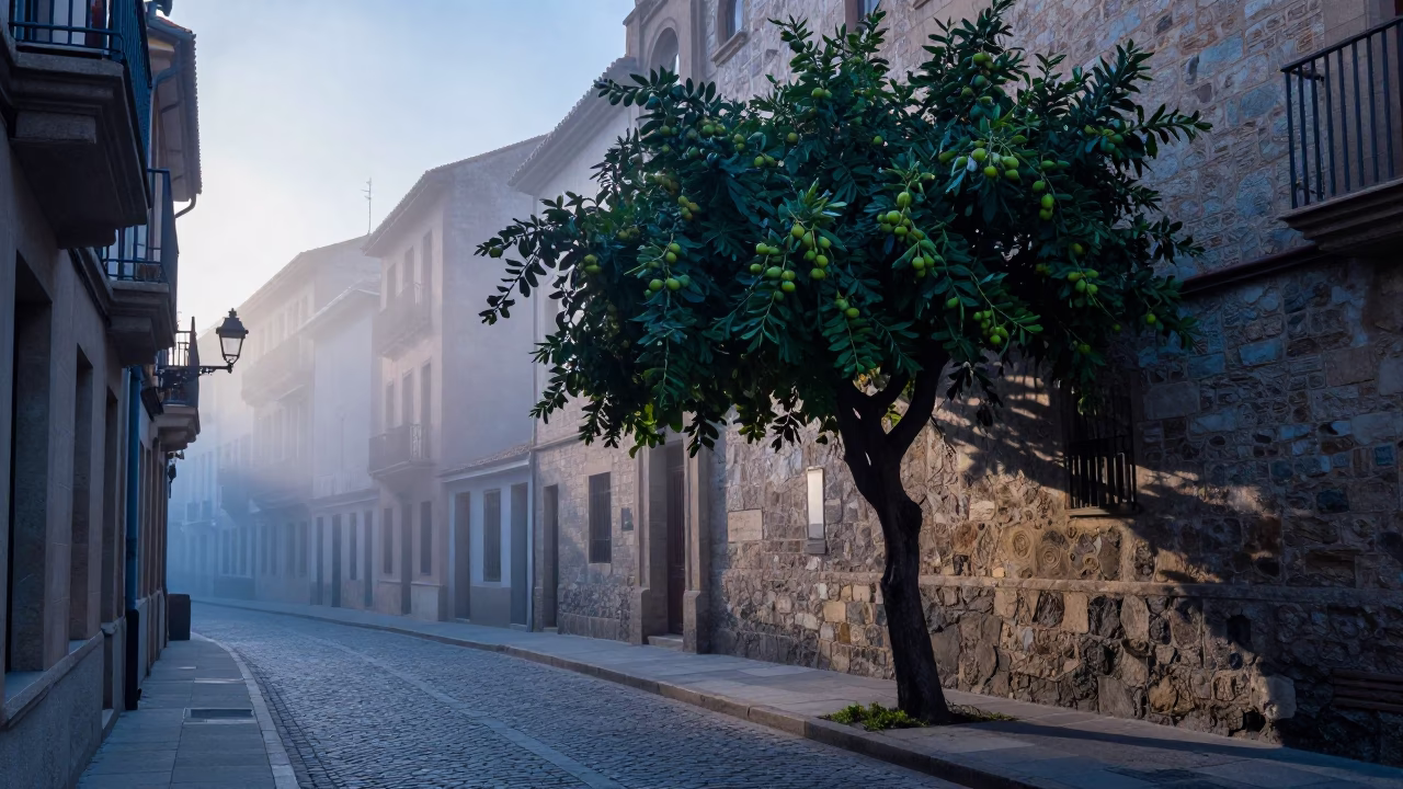 Bilbao Spain Nautical Dawn Street Scene with Fig Tree and Houseplants in in Bilbao, Spain