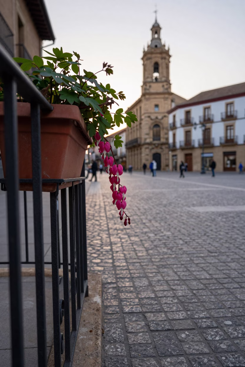 Bilbao Spain Nautical Dawn Street Scene with Flowerpot and Bleeding Heart Vine in in Bilbao, Spain