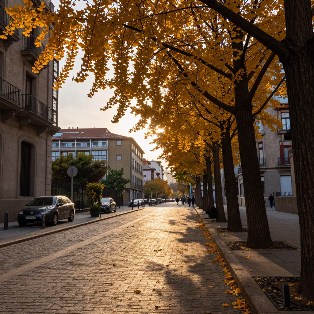 Bilbao Spain Nautical Dawn Street Scene with Ginkgo Tree and Iron Architecture in in Bilbao, Spain