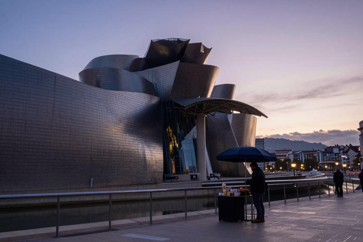 Bilbao Spain Nautical Dawn Street Scene with Umbrella and Coffee Cup in in Bilbao, Spain