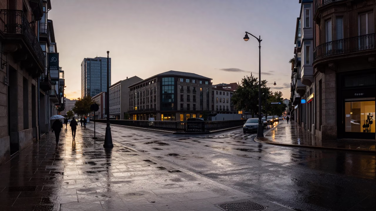 Bilbao Spain Nautical Dawn Street Scene with Wet Pavement and Substation Insulators in in Bilbao, Spain