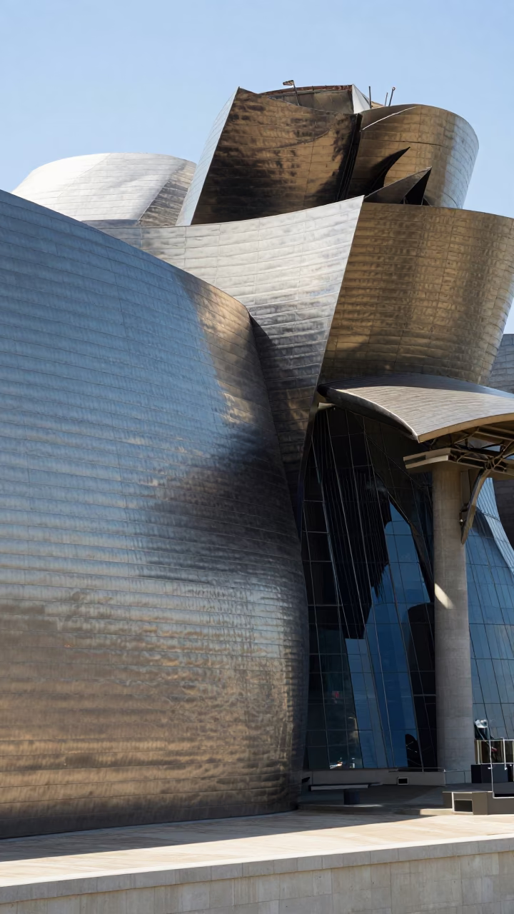 Bilbao Spain noon light reflecting on Guggenheim titanium curves and urban plaza pedestrians in in Bilbao, Spain