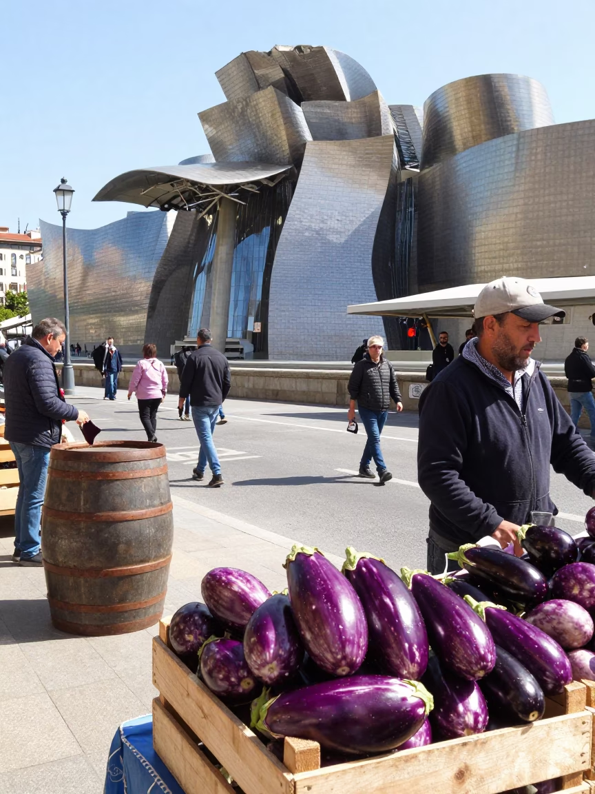 Bilbao Spain Noon Street Scene with Cooper Barrels and Eggplants in Plaza in in Bilbao, Spain