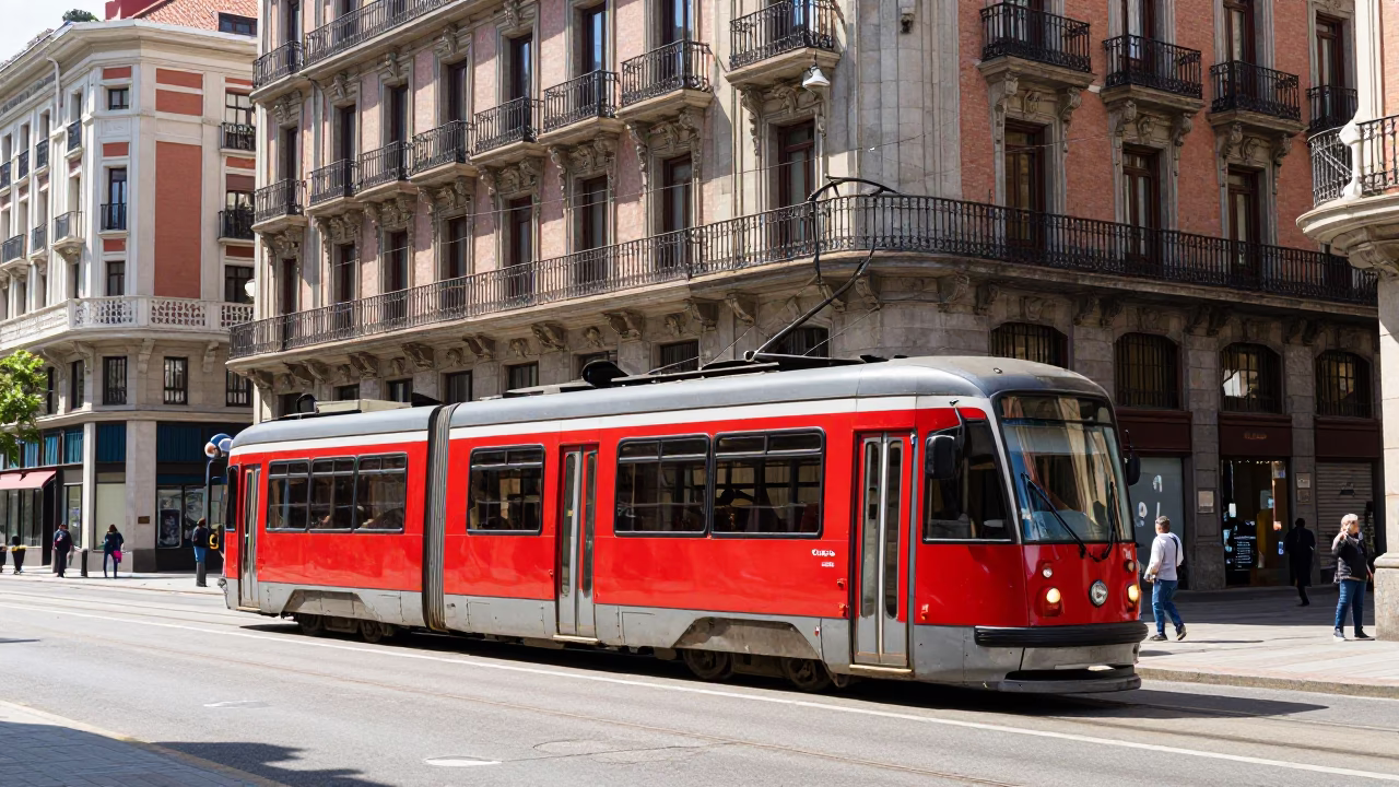 Bilbao Spain Noon Street Scene with Tram and Art Nouveau Facades in in Bilbao, Spain