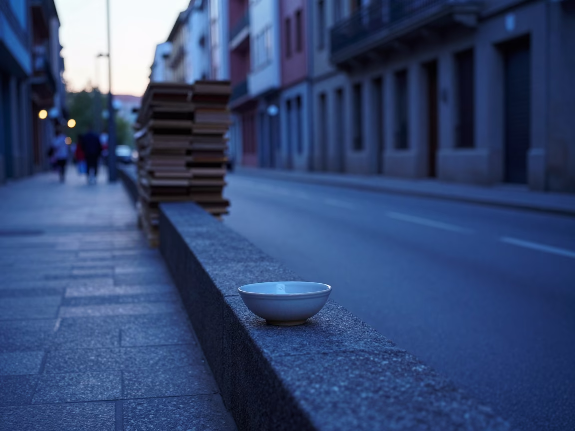 Bilbao Spain Pre-Dawn Street Scene with Bowl and Plywood Stacks in in Bilbao, Spain