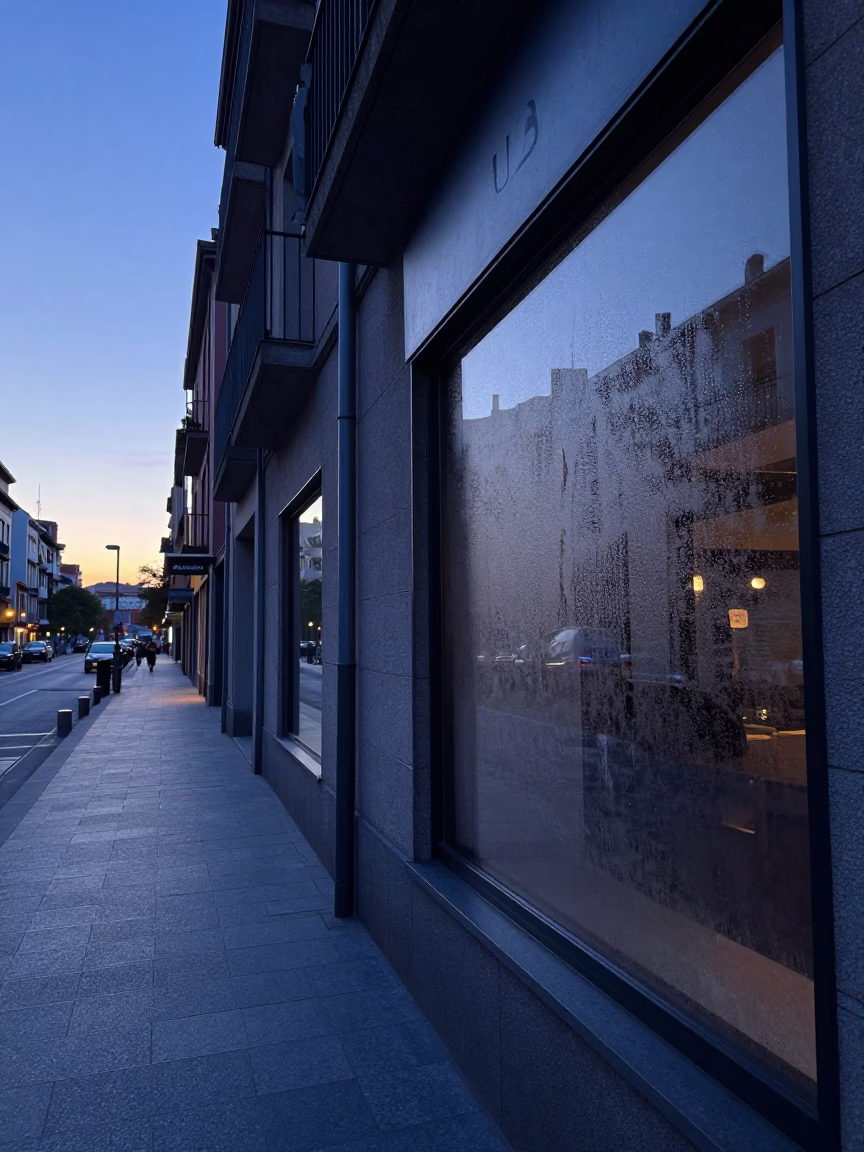 Bilbao Spain Pre-Dawn Street Scene with Condensation on Glass and Brushed Steel Details in in Bilbao, Spain