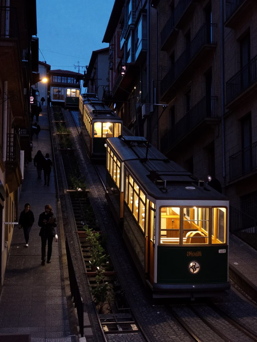 Bilbao Spain Pre dawn Street Scene with Funicular Ascending Hill and Autumn Vines in in Bilbao, Spain
