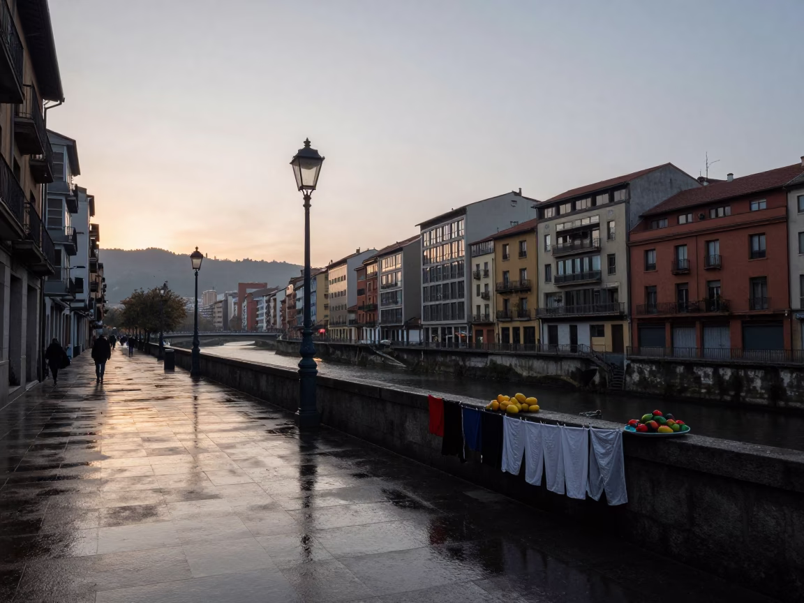 Bilbao Spain Pre-Dawn Street Scene with Laundry and Fruit on Balcony in in Bilbao, Spain