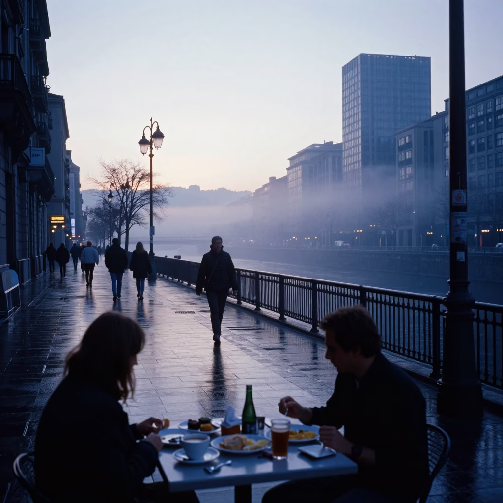 Bilbao Spain pre-dawn street scene with local breakfast and diamond ring on table in in Bilbao, Spain