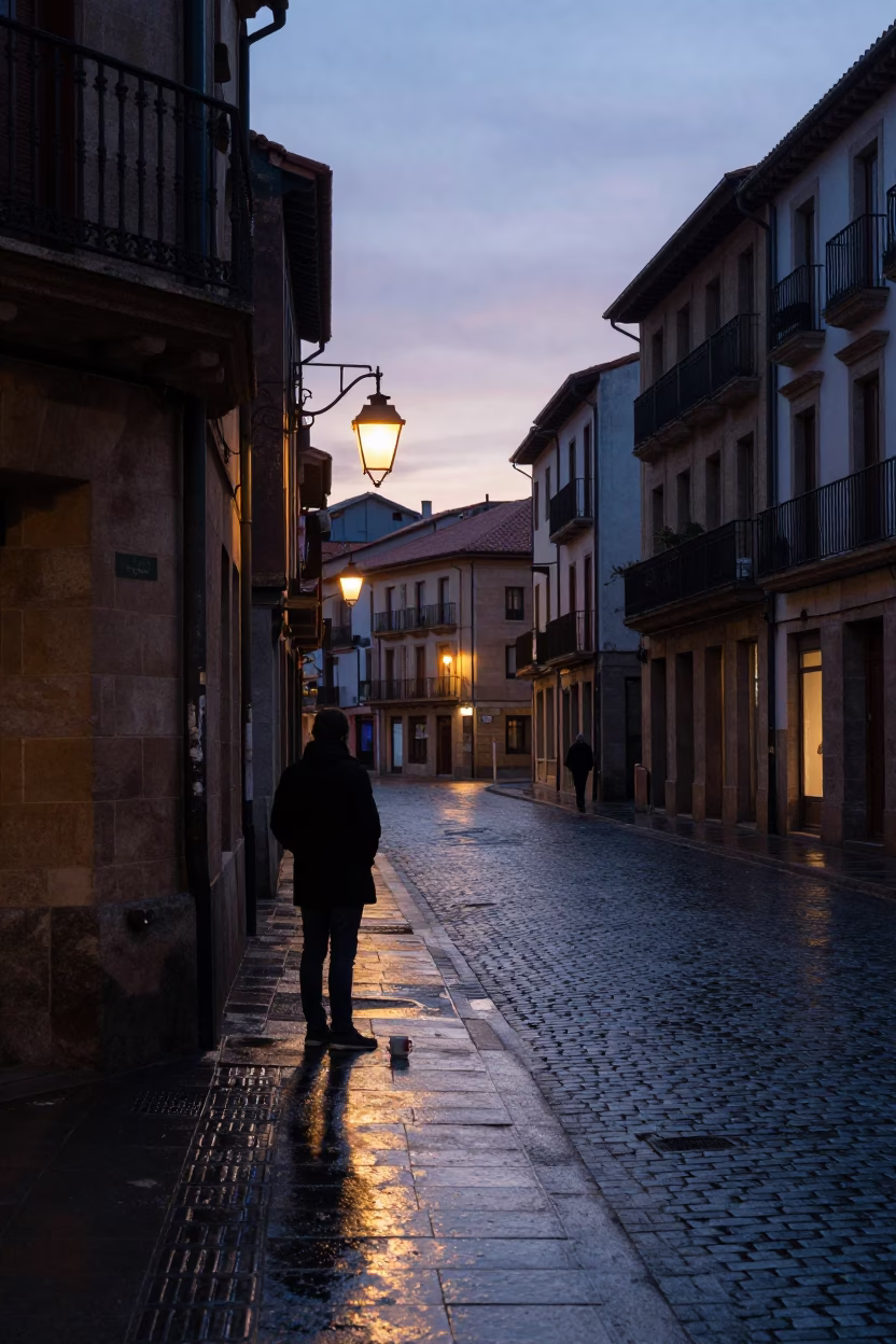 Bilbao Spain Pre-Dawn Street Scene with Mug and Urban Details in in Bilbao, Spain