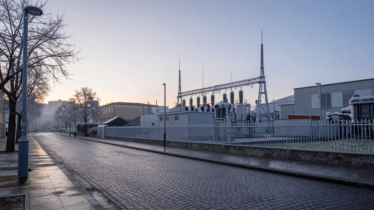 Bilbao Spain Pre-Dawn Street Scene with Thermos and Hoarfrost Covered Substation in in Bilbao, Spain