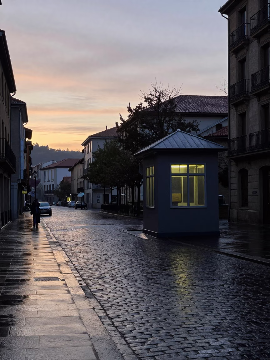 Bilbao Spain Pre-Dawn Street Scene with Wet Cobblestones and Substation Insulators in in Bilbao, Spain