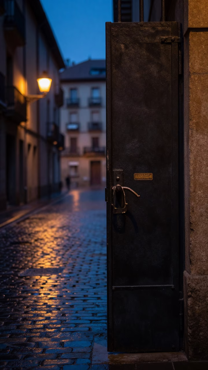 Bilbao Spain Predawn Street Scene with Deadbolt and Scratched Hook Plate in in Bilbao, Spain