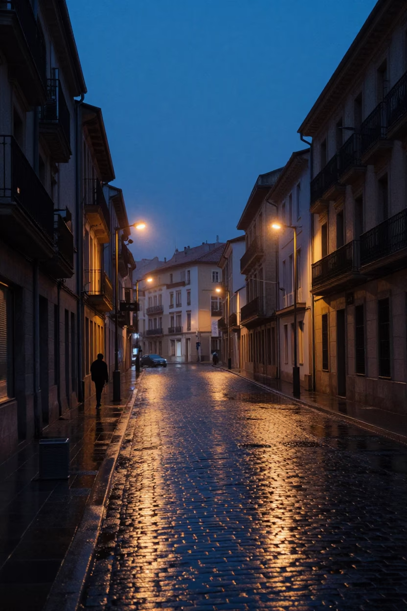 Bilbao Spain Predawn Street Scene with Frosted Telescope Eyepiece in in Bilbao, Spain