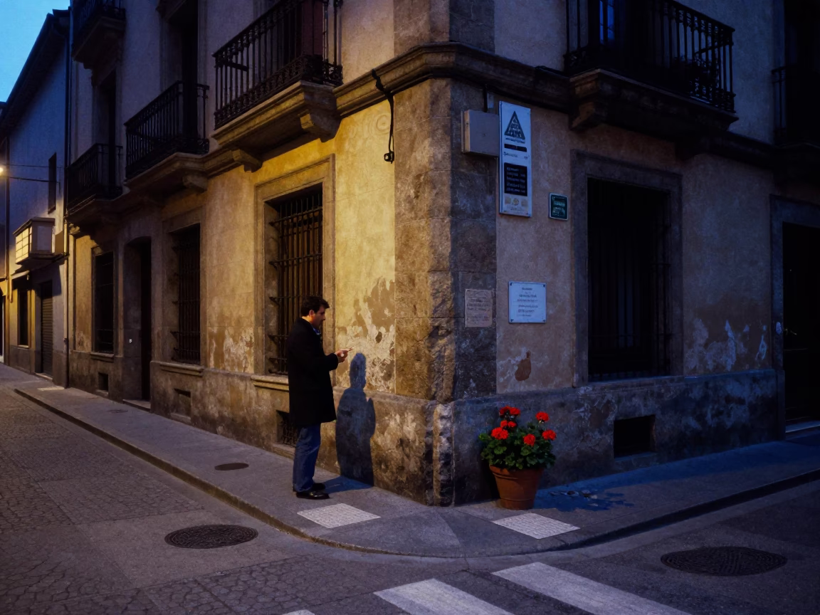 Bilbao Spain Predawn Street Scene with Match Striker and Geraniums in in Bilbao, Spain