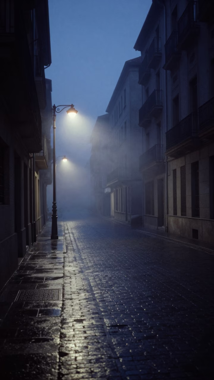 Bilbao Spain Predawn Street Scene with Steam Haze and Urban Reflections in in Bilbao, Spain