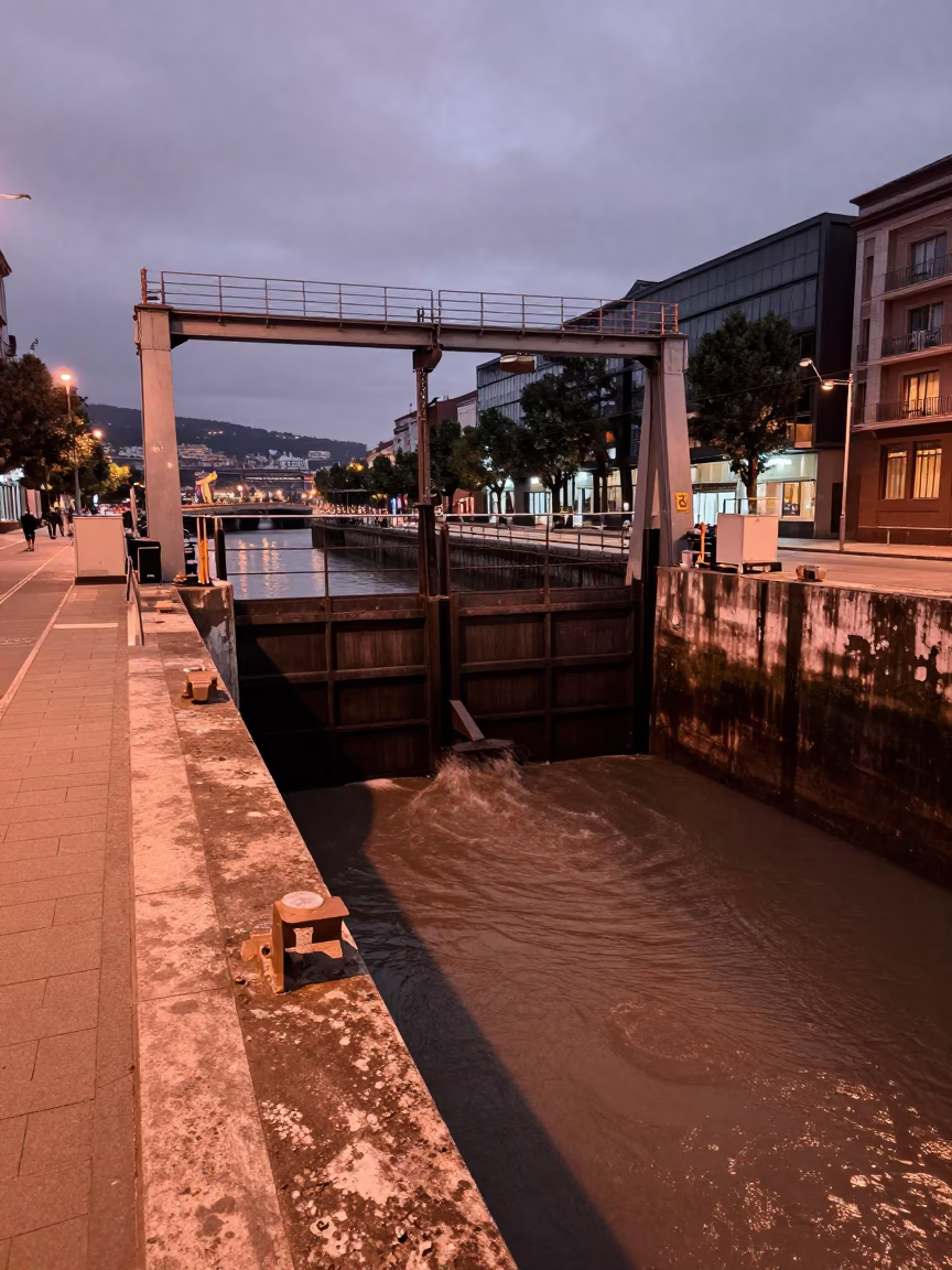Bilbao Spain River Nervion Copper Light Dusk Sluice Gate Canal Edge in in Bilbao, Spain