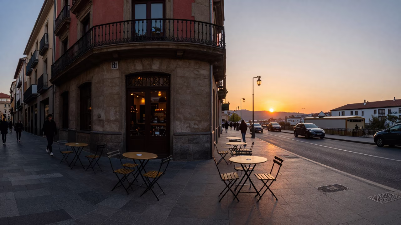 Bilbao Spain Street Scene at Dusk with Folding Tables and Iron Hooks in in Bilbao, Spain