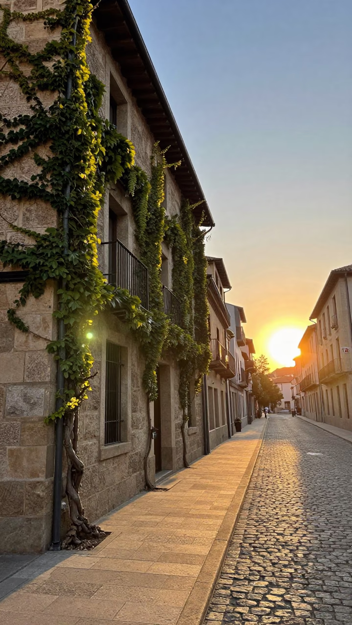 Bilbao Spain street scene at sunset with ivy vines and urban life in in Bilbao, Spain