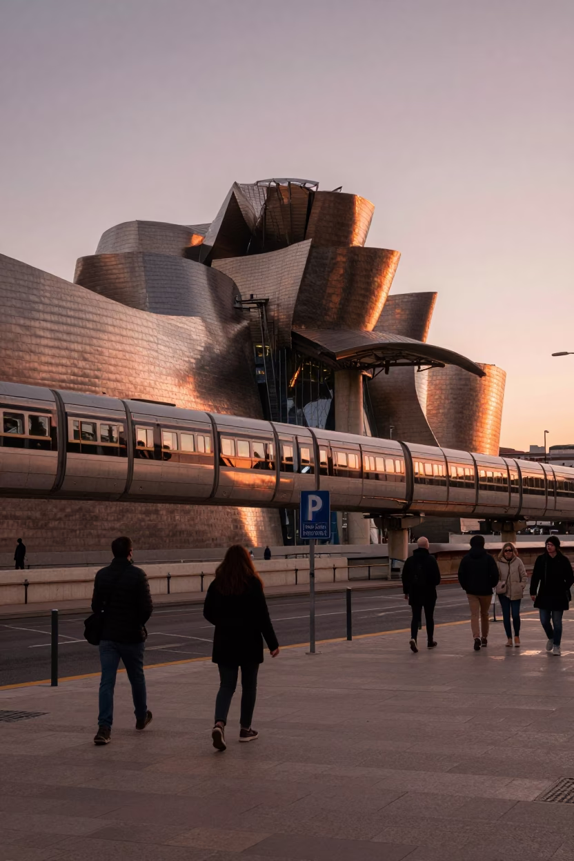 Bilbao Spain Street Scene Before Dusk with Monorail and Guggenheim Architecture in in Bilbao, Spain