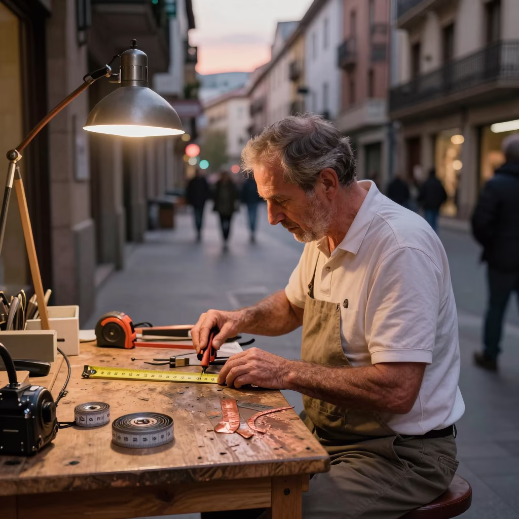 Bilbao Spain Street Scene Copper Dusk Light Measuring Tapes on Workshop Counter in in Bilbao, Spain