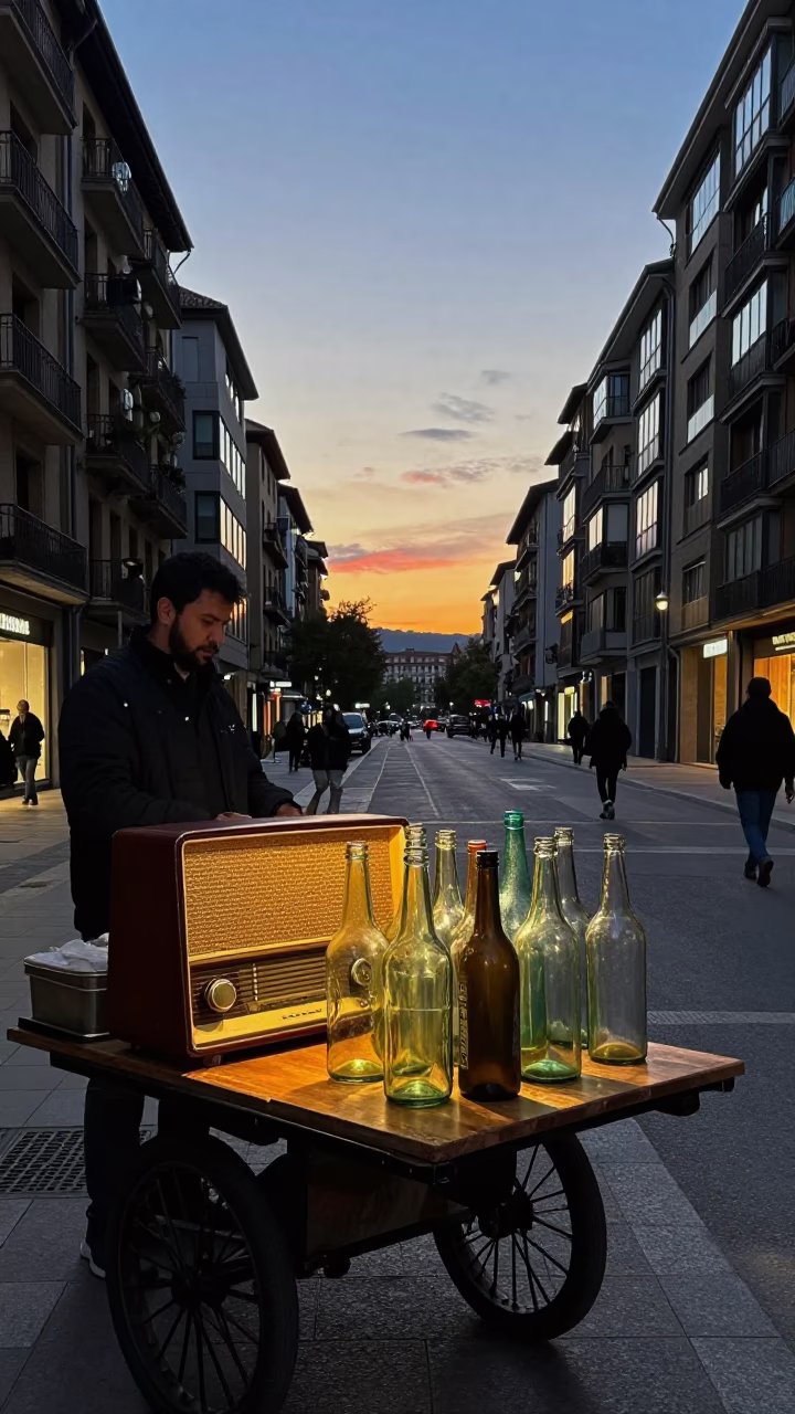 Bilbao Spain Street Scene Evening Light Vintage Radio and Glass Bottles in in Bilbao, Spain