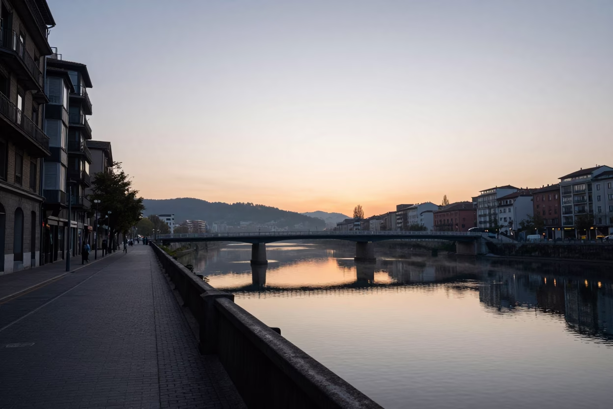 Bilbao Spain Sunrise Street Scene with Bridge Pier in Dawn Water in in Bilbao, Spain