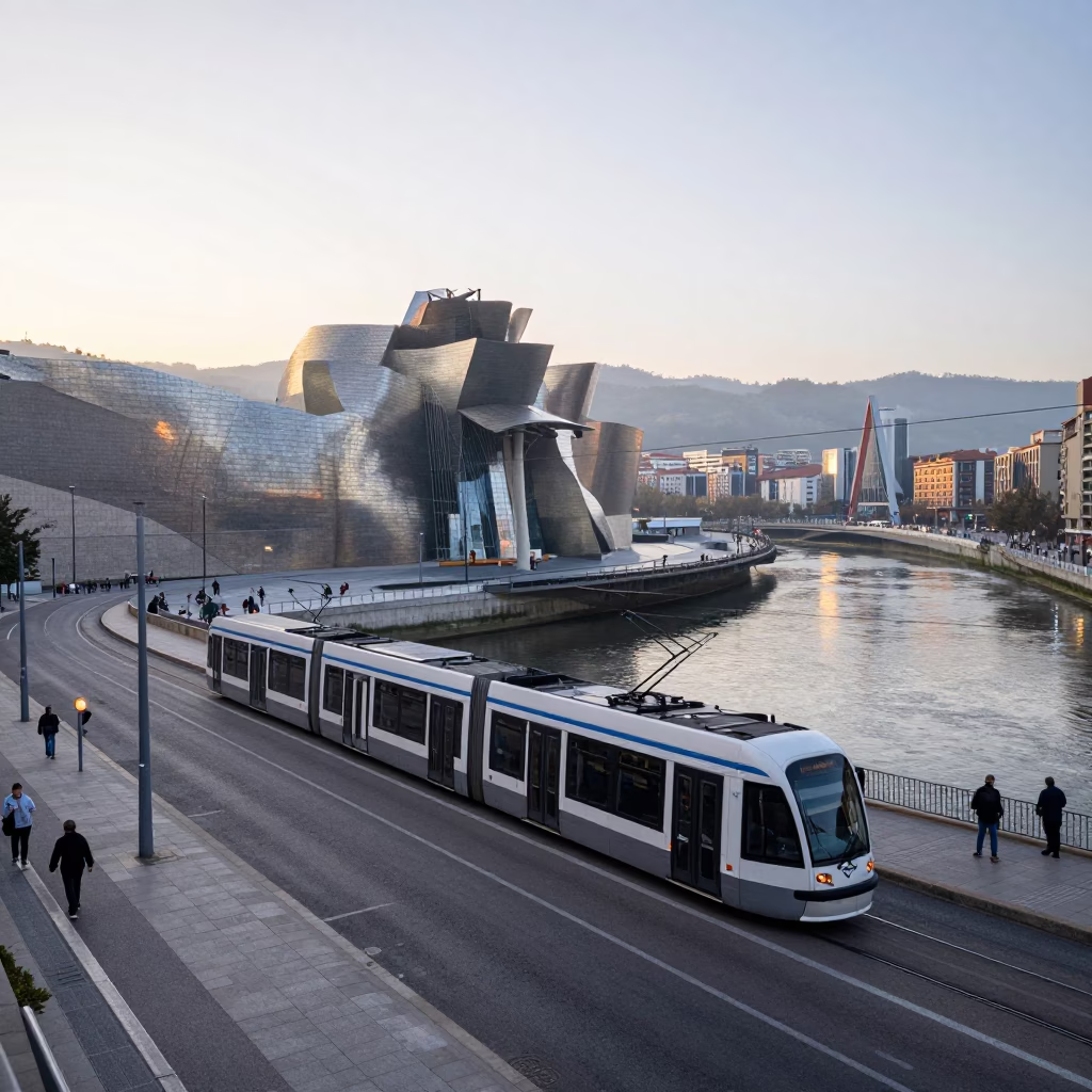Bilbao Spain Sunrise Street Scene with Tram and Local Life in in Bilbao, Spain
