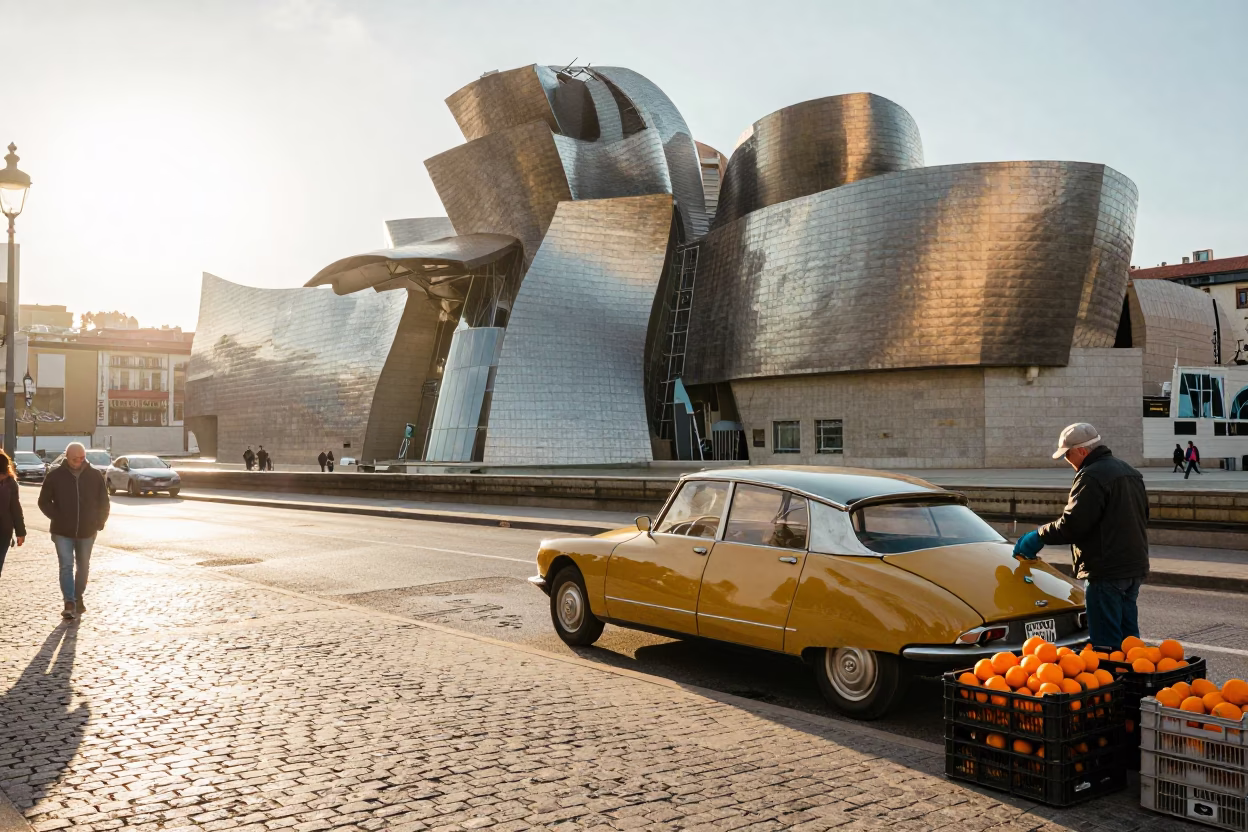 Bilbao Spain Sunrise Street Scene with Vintage 1970s Aesthetic and Local Color in in Bilbao, Spain