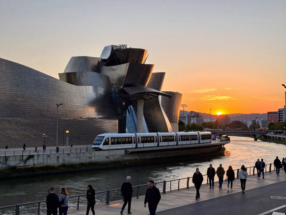 Bilbao Spain Sunset Monorail Above Nervion River Blue Hour Street Scene in in Bilbao, Spain