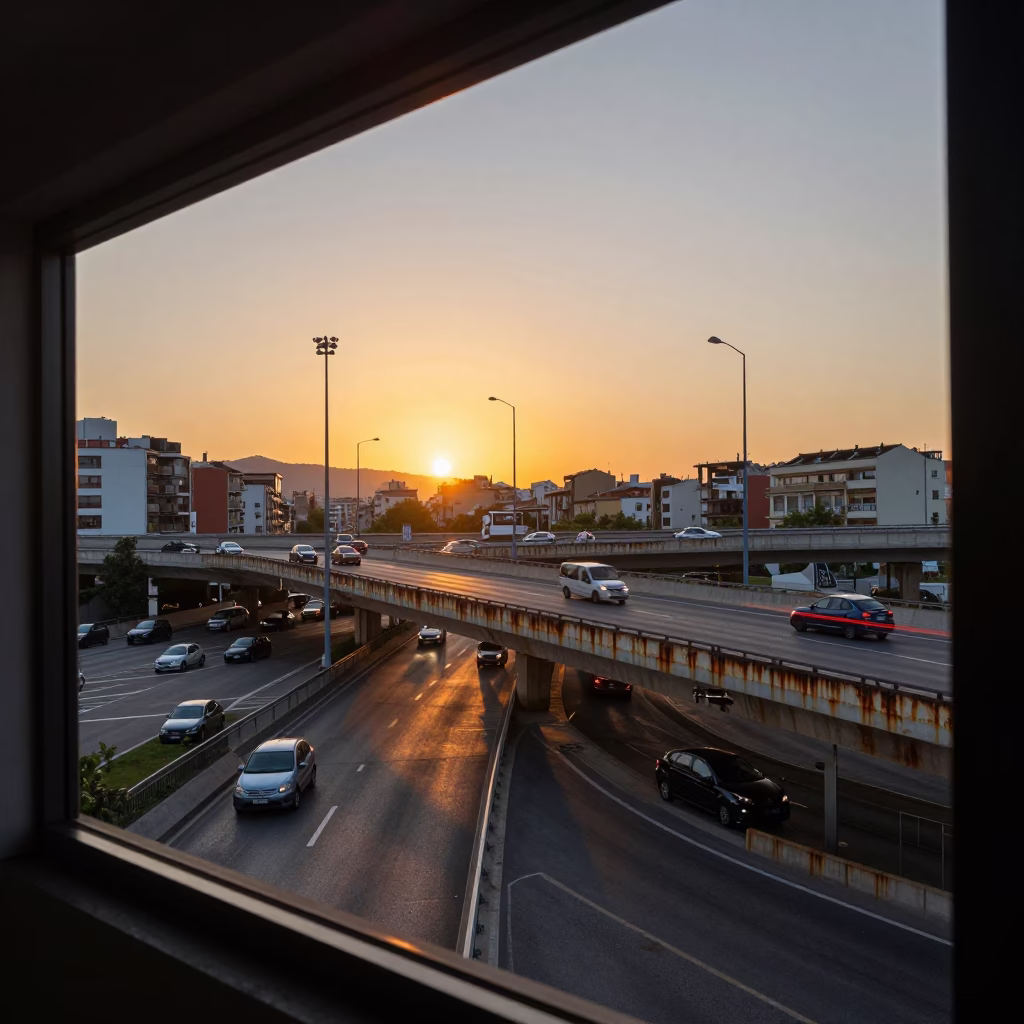Bilbao Spain Sunset Overpass Interchange with Taillight Streaks and Rusty Window Frame in in Bilbao, Spain
