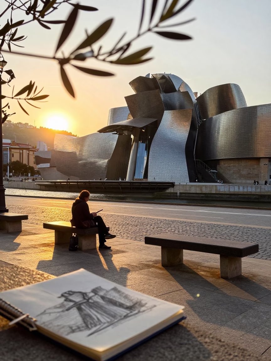 Bilbao Spain Sunset Street Scene with Olive Branch and Sketchbook in in Bilbao, Spain