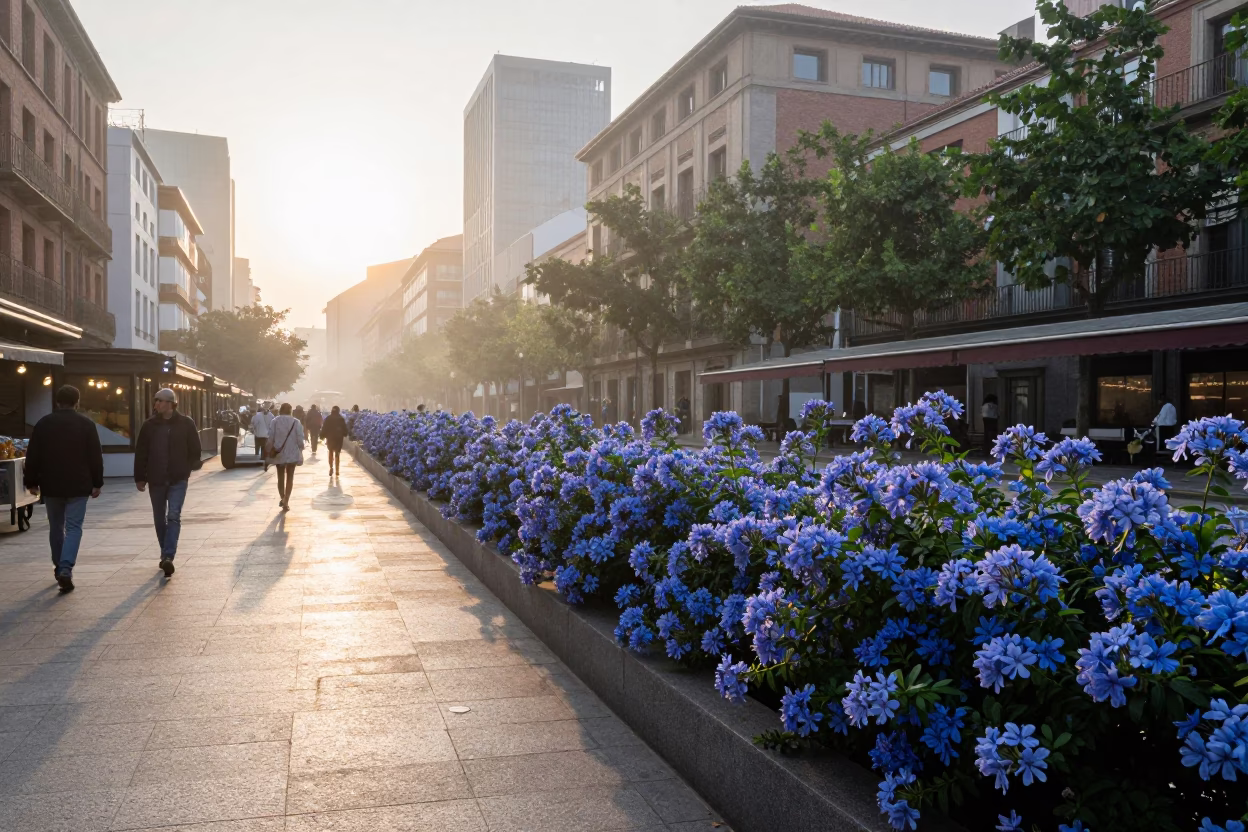 Bilbao Street Scene After Sunrise with Plumbago Hedge and Local Market Activity in in Bilbao, Spain