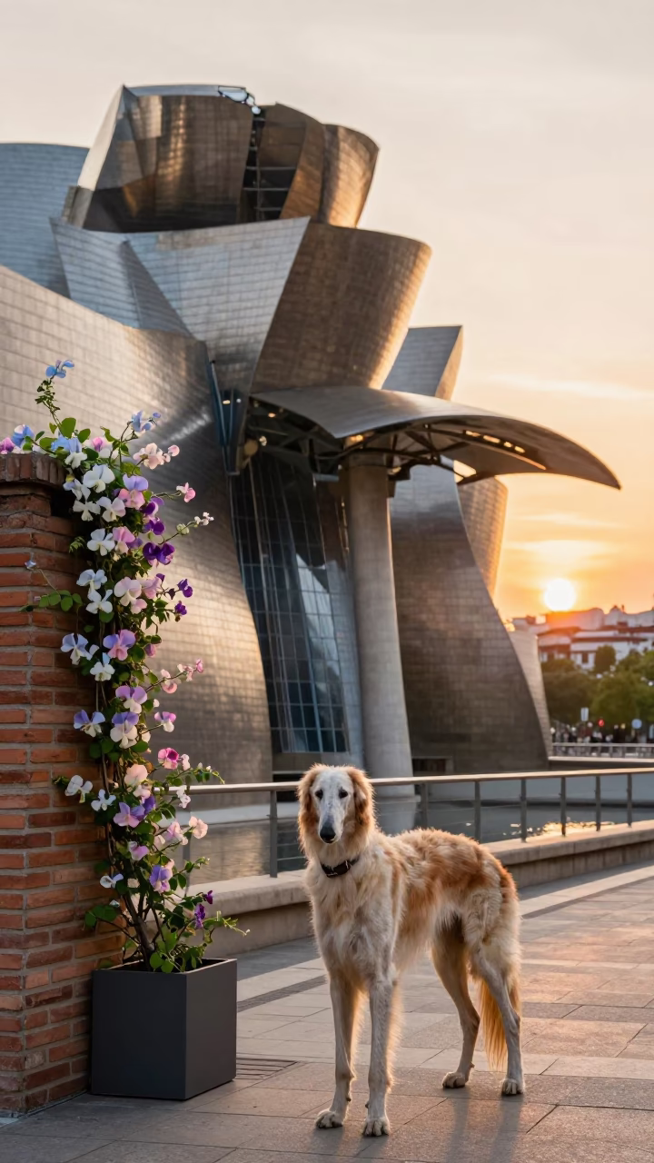 Bilbao Street Scene at As The Sun Drops Toward The Horizon in in Bilbao, Spain
