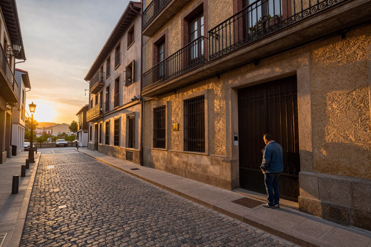 Bilbao Street Scene at As The Sun Drops Toward The Horizon in in Bilbao, Spain