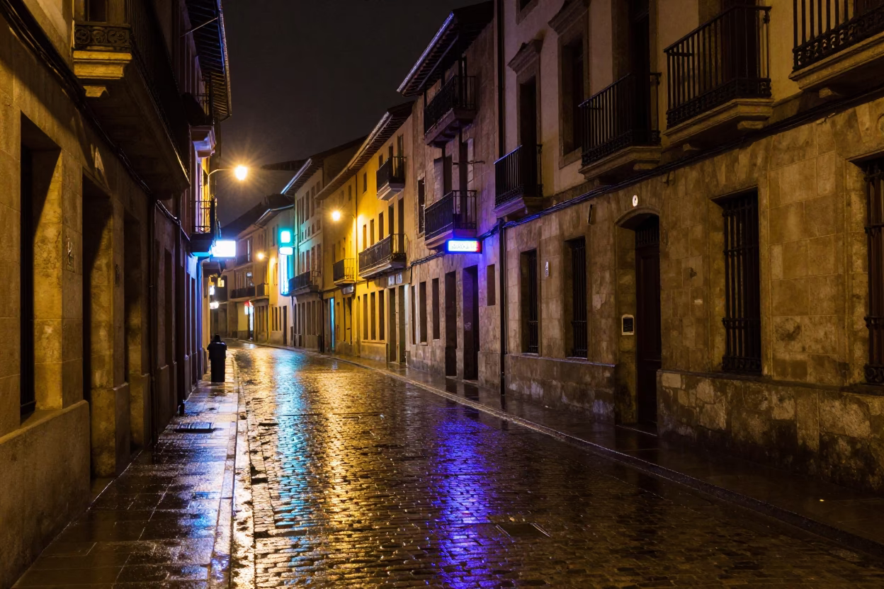 Bilbao Street Scene at Deep In The Night Light in in Bilbao, Spain