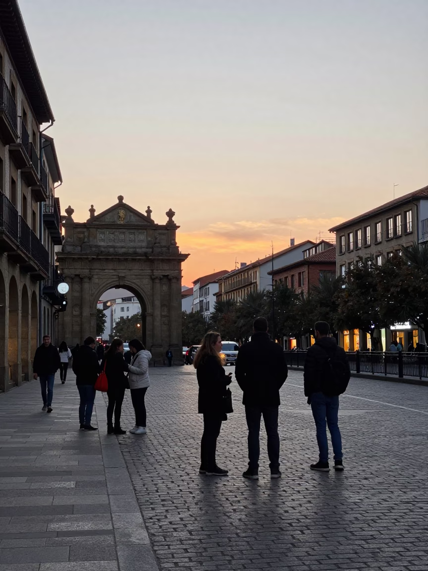 Bilbao street scene at dusk with locals and traditional architecture in in Bilbao, Spain