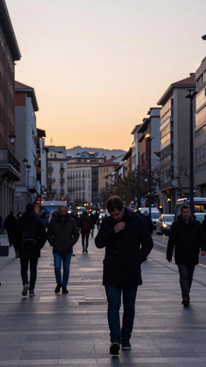 Bilbao Street Scene at Nautical Dawn with Commuters and Vintage Architecture in in Bilbao, Spain