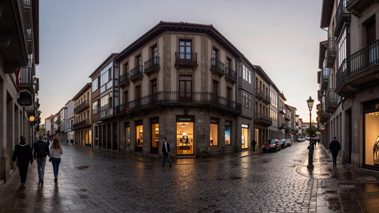 Bilbao Street Scene at Nautical Dawn with Vintage 1960s Atmosphere in in Bilbao, Spain