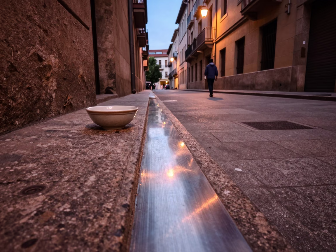 Bilbao Street Scene Before Dusk with Brushed Steel Sill and Key Bowl in in Bilbao, Spain