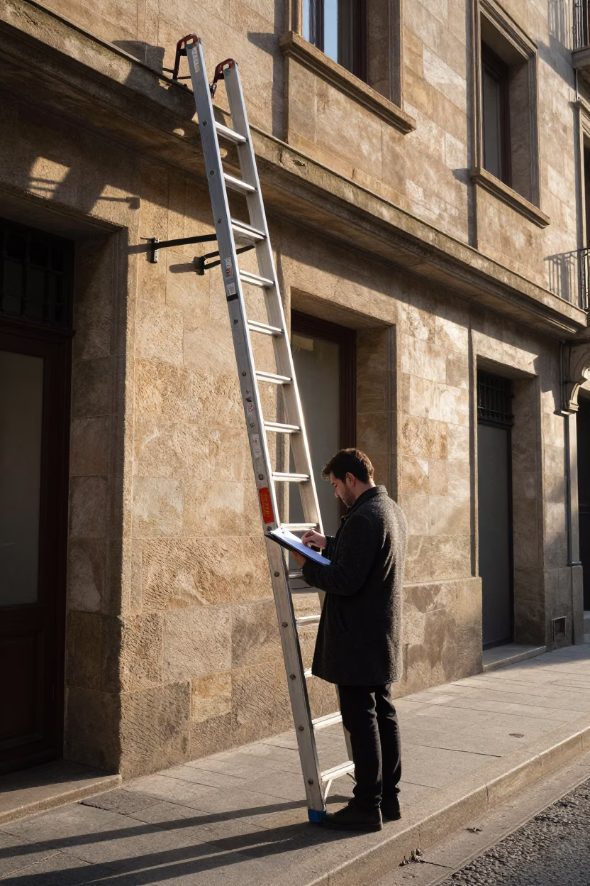 Bilbao Street Scene Just After Sunrise with Clipboard and Bridge Inspection Ladder in in Bilbao, Spain