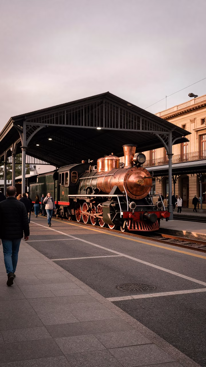 Bilbao Street Scene with Heritage Steam Locomotive and Copper Dusk Light in in Bilbao, Spain