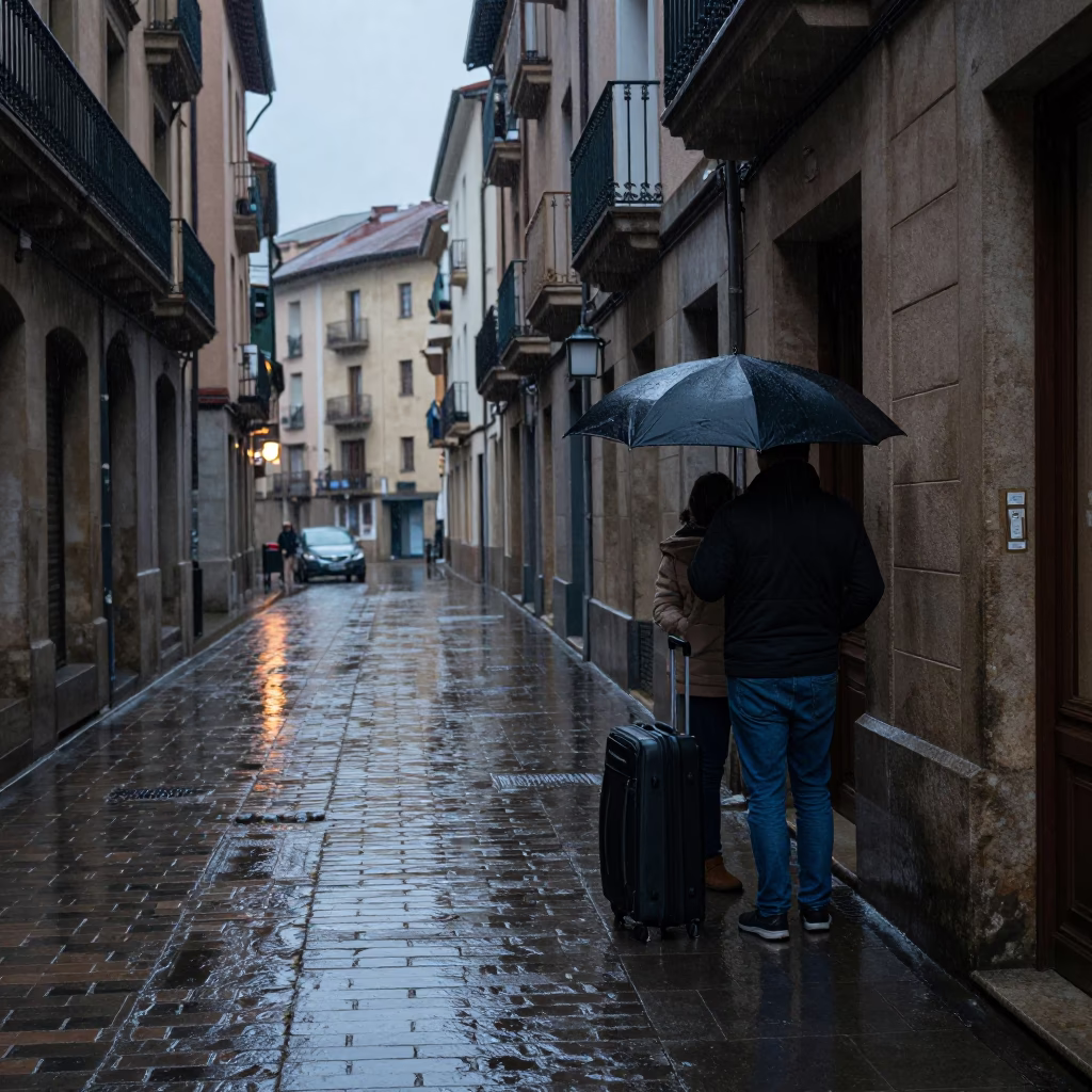Bilbao street scene with wet pavement and suitcases at dusk in in Bilbao, Spain